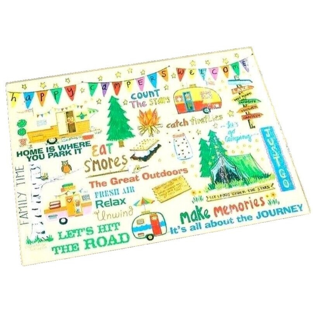 Retro Camping Happy Campers Welcome Cutting Board Tempered Glass Trailers Tent